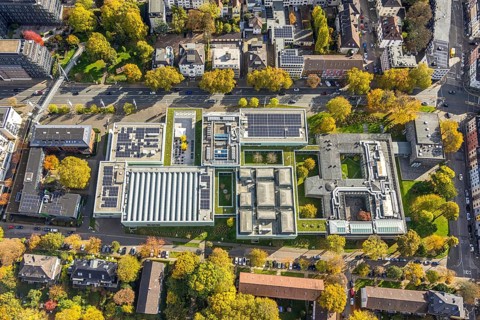 Aerial view, Museum Folkwang, opened by Karl Ernst Osthaus, autumn trees, Südviertel, Essen, Ruhr