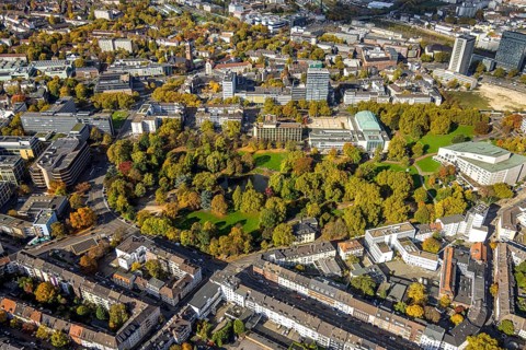 Aerial view, Essen Aalto Theatre and Philharmonic Essen im Stadtgarten, Südviertel, Essen, Ruhr
