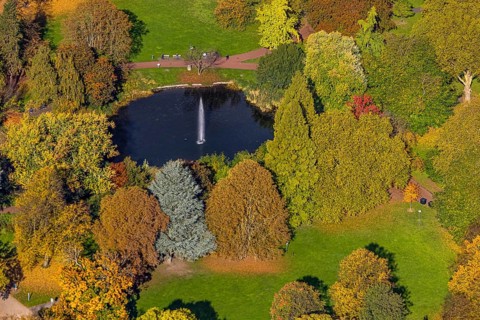 Aerial view, fountain and lake in city garden with autumn trees, Südviertel, Essen, Ruhr region,