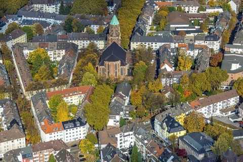 Aerial view, residential area with Catholic Church of St. Mary's Conception, autumn trees and tree
