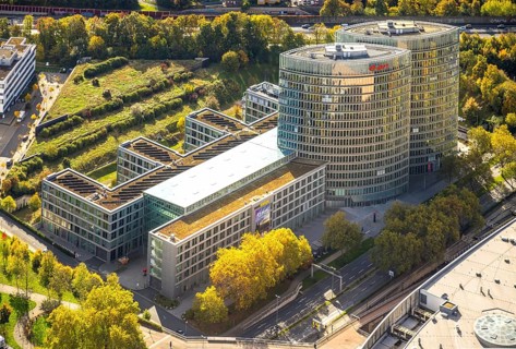 Aerial view, eon headquarters, Rüttenscheid, Essen, Ruhr area, North Rhine-Westphalia, Germany,