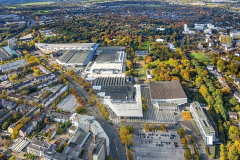 Aerial view, Messe Essen area, general overview, forest and Grugapark, eon headquarters, Bredeney,