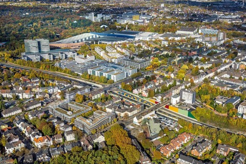 Aerial view, Messe Essen site, general overview, eon company headquarters, Messeallee, Bredeney,