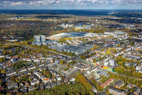 Aerial view, Messe Essen site, overview, eon headquarters, Bredeney, Essen, Ruhr area, North