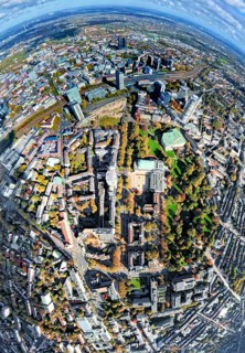Aerial view, central station station, redesign of Essen campus construction site and planned new