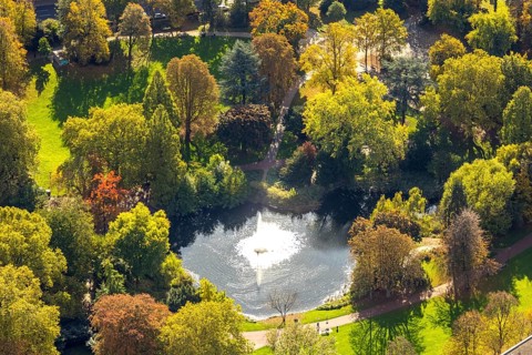 Aerial view, fountain and lake in backlight in city garden with autumn trees, Südviertel, Essen,