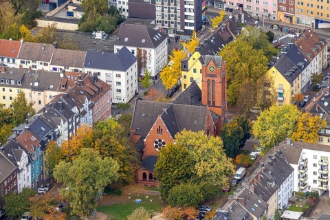 Aerial view, Christ church in the residential area of Altendorf district, Essen, Ruhr area, North