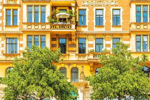Historic façade of a building on the left Wienzeile, near the Naschmarkt, Vienna, Austria