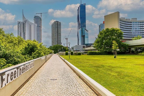 Modern high-rise buildings in Uno City, Vienna, Austria