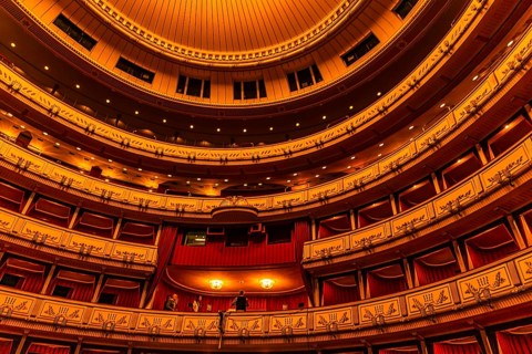 Upper ranks and boxes in the large auditorium at the Vienna State Opera, Vienna, Austria