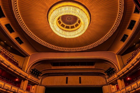 Large ceiling light in the large auditorium at the Vienna State Opera, Vienna, Austria