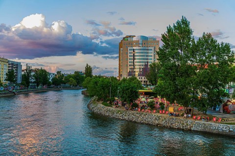 Herrmann beach bar on the Danube Canal in the evening sun, near the Urania observatory, Vienna,