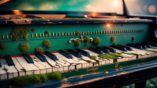 The weathered piano, adorned with green moss warm sunset backdrop. AI generated