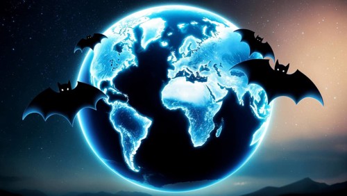 Bats flying around glowing Earth at night with a starry background. AI generated