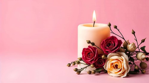 A lit white candle stands next to dried roses on a soft pink background, creating a calm and