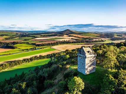 Fatlips Castle from a drone, Minto Crags, River Teviot, Roxburghshire, Scottish Borders, Scotland,