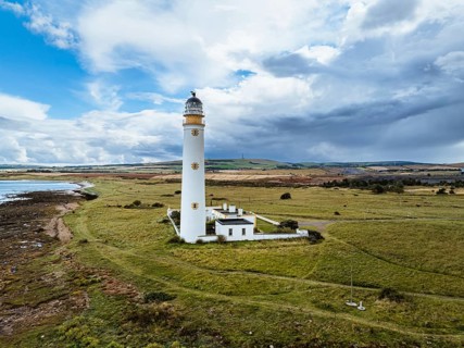 Rain Clouds over Barns Ness Lighthouse from a drone, Dunbar, East Lothian, Scotland, UK