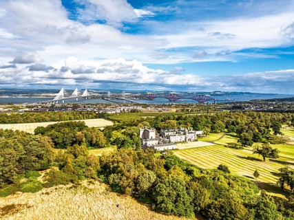 Dundas Castle over South Queensferry from a drone, Edinburgh, Scotland, UK