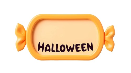 Bright orange candy shaped frame or card with the text Halloween on white background, showcasing
