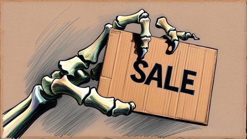 Illustration of a skeleton hand holding a cardboard sign with the word 'SALE' in bold black