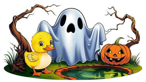A cheerful yellow duckling stands beside a playful ghost near a carved pumpkin by a small pond,