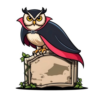 A cartoon owl wearing a black and red cape sits atop a weathered gravestone. Green ivy creep up the