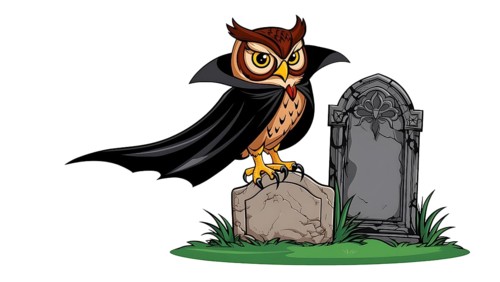 Cartoon owl wearing a black cape stands on a gravestone in a cemetery, white clean background. AI