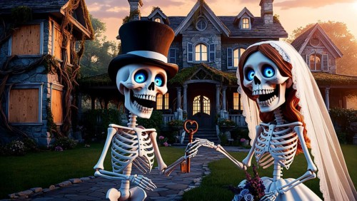 Funny skeleton bride and groom with glowing blue eyes standing in front of a spooky old house at
