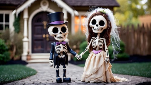 Cute skeleton bride and groom standing hand in hand on the walkway in front of a cozy suburban