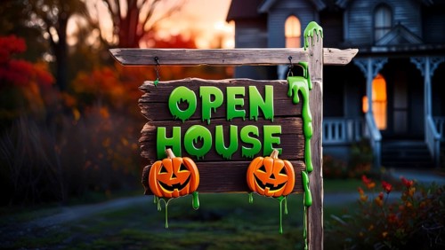 Colorful open house sign with green letters hangs above two jack-o'-lanterns in a vibrant fall