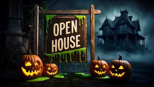 A haunted house is set up outside an old mansion with an open house sign. Brightly carved pumpkins