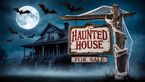 An eerie scene shows a haunted house for sale illuminated by the light of a full moon. Bats fly in