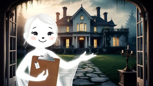 A ghostly realtor stands at the entrance of a grand haunted mansion, holding a metallic clipboard.