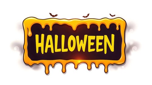 A colorful Halloween sign showcases the word Halloween in bright yellow letters on a dark