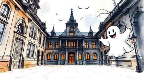 A captivating watercolor scene showcases intricate architecture with a cheerful cartoon ghost