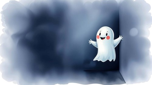 A cheerful cartoon ghost stands in the corner of an abstract room, surrounded by soft paint washes.