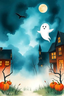 A cheerful cartoon ghost floats peacefully above spooky houses, surrounded by colorful pumpkins and