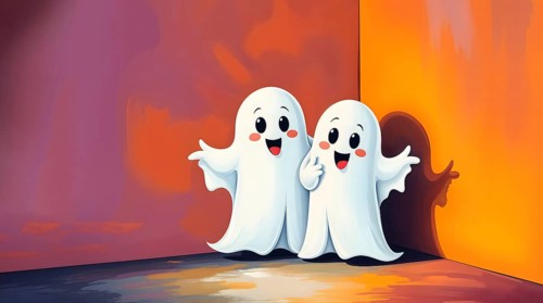 Two cartoon ghosts smile and gesture in a colorful room with orange and purple walls, watercolor