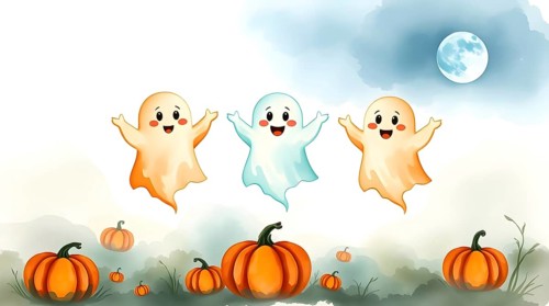 In a serene, foggy field, three happy cartoon ghosts dance joyfully. They float above glowing