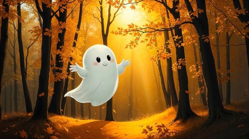 A cute white ghost joyfully floats in a serene autumn forest. Golden leaves are falling all around,