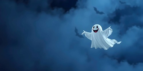 A friendly ghost floats joyfully among eerie, dark clouds. Bats fly in the background, creating a