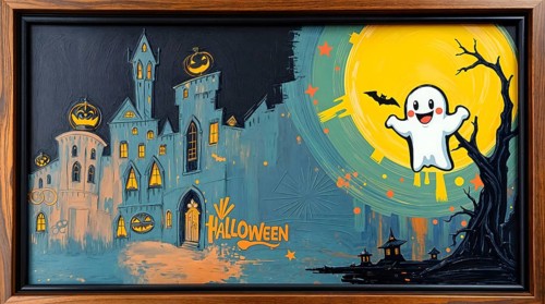 An abstract cityscape featuring eerie buildings, a playful ghost, and a bare tree set against a