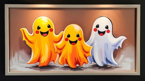 Three cheerful cartoon ghosts playfully dance in a vibrant acrylic painting. Their bright colors