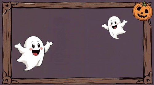 Cartoon ghosts in a wooden frame with a Halloween pumpkin on a dark purple background, conveying a