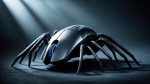 Computer mouse mechanical spider with a sleek design at night, reflecting a blend of modern