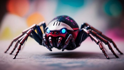 Futuristic robotic spider with glowing blue eyes against a colorful bokeh backdrop. AI generated