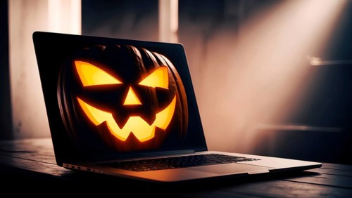 A glowing Halloween pumpkin with a spooky face is shown on a laptop screen. The warm light creates