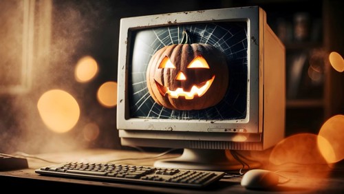A carved pumpkin with a smiling face on a vintage computer screen. Soft lights and cobwebs create a