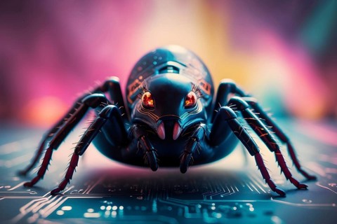 A robotic spider crawls over a circuit board with bright, colorful lights illuminating the scene