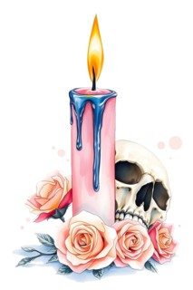 A pink candle burns brightly with blue wax dripping down its side. A human skull rests nearby,